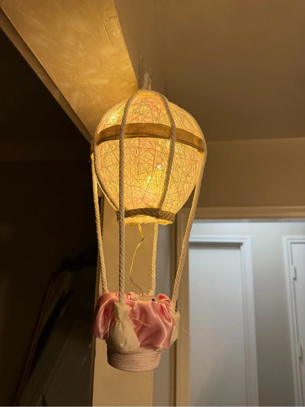 Handmade Lighted Hot Air Ballon Nursery Decor- Pink & White 15” Hanging Nursery